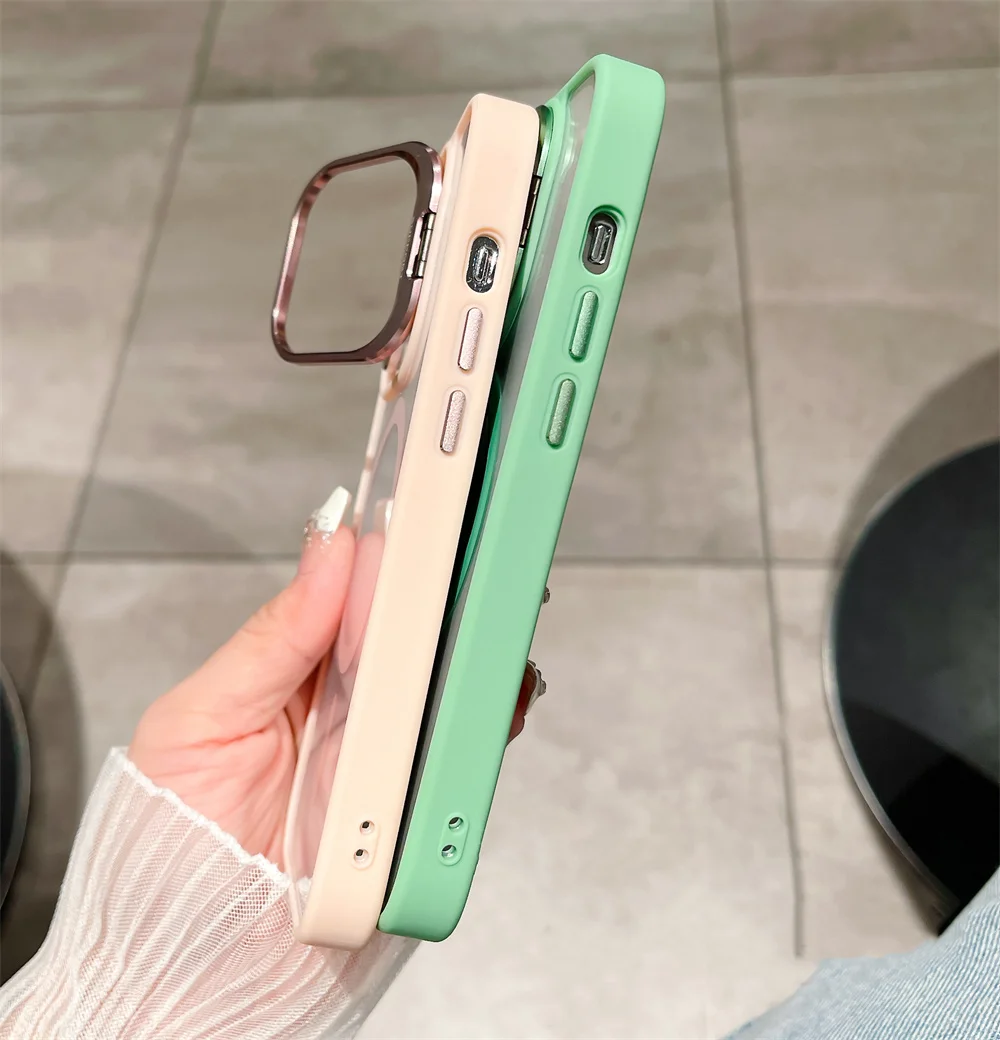 Premium Magnetic Stand Glass Lens Protection Phone Case with Magsafe Compatibility and Shockproof Design