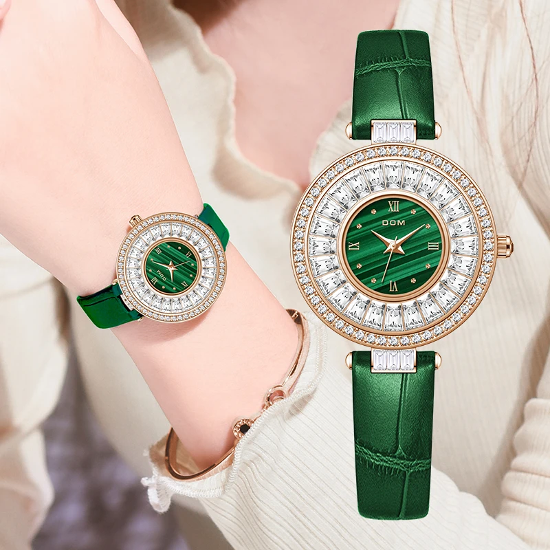 DOM Women Watch  New Ladies Quartz Watch Luxury Full Diamond Dial Waterproof Green Leather Strap Fashion Quartz Women's Watch