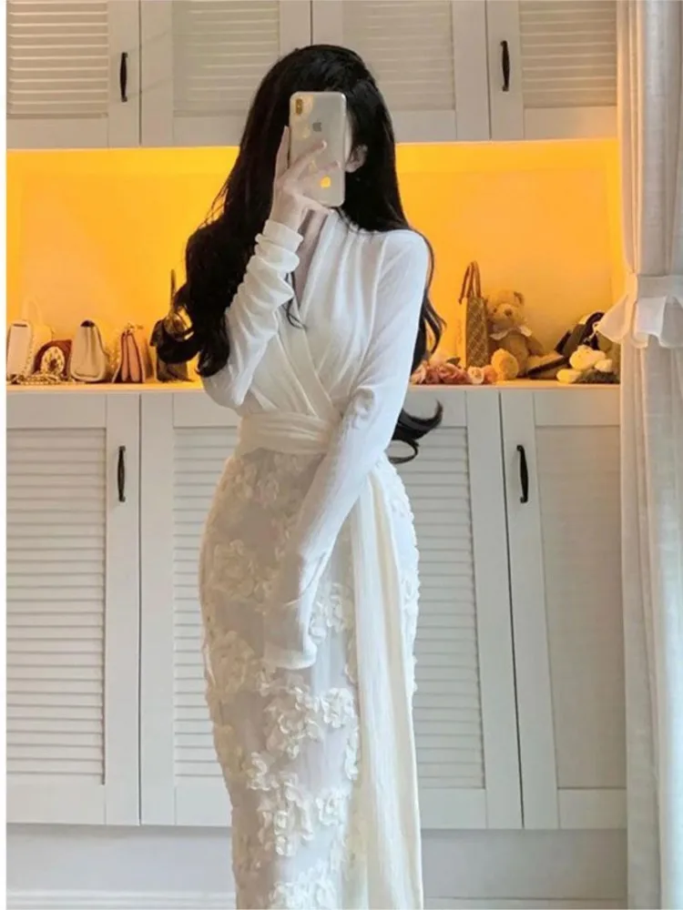 

Elegant Bandage One-piece Dresses for Women Spring Long Sleeve Patchwork Office Lady Luxury Evening Party Wedding Dress 2024 New