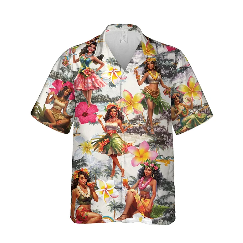 Vintage Beach Hula Fashion Slim Fit Shirts For Blouse Men Hawaiian Clothes Casual Dress Camisas Casuais Flower Retro Harajuku