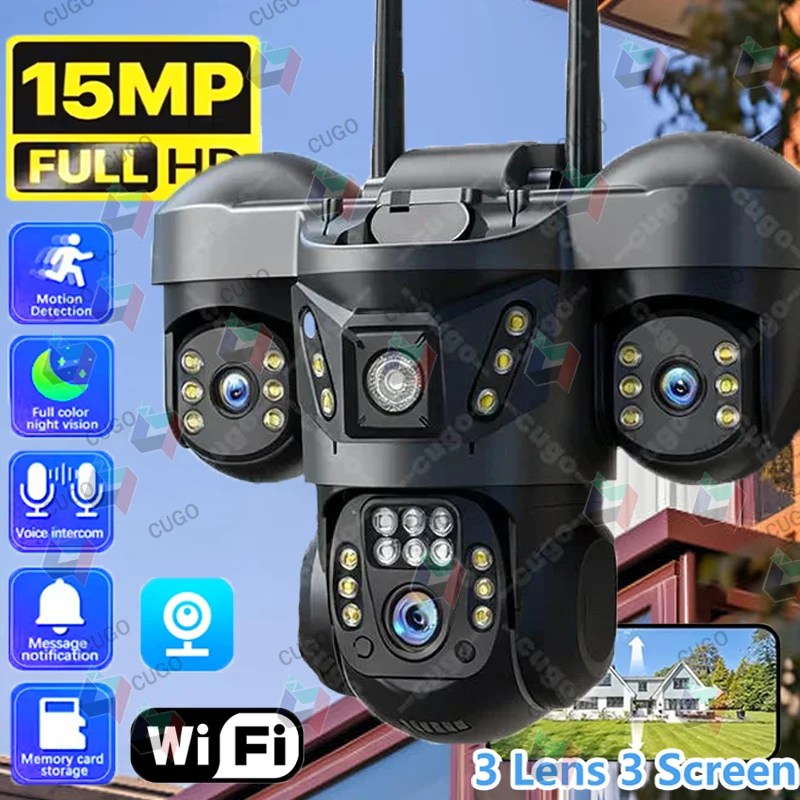 15MP 8K WIFI IP Camera 10X Zoom Triple Lens Outdoor Triple Screen PTZ Cam Waterproof CCTV Auto Tracking Security Surveillance 1