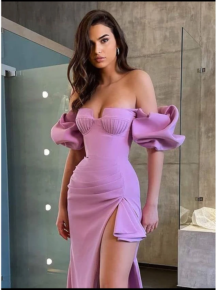 

Sexy Off Shoulder Puff Sleeve Ruched Bandage Midi Dress Summer Elegant Violet Draped Side Slit Tight Dress Celebrity Club Party