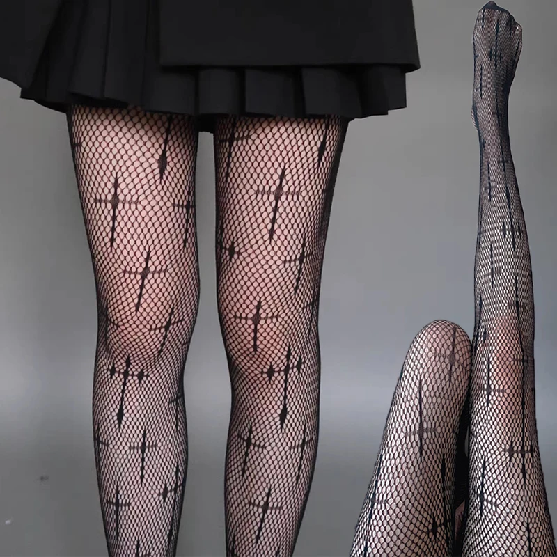 

Seamless Silk Stockings Sexy Fishnet Tights High Pantyhose Women Cross Printing Hollowed Nylon Punk Lingerie Fishnet Hosiery
