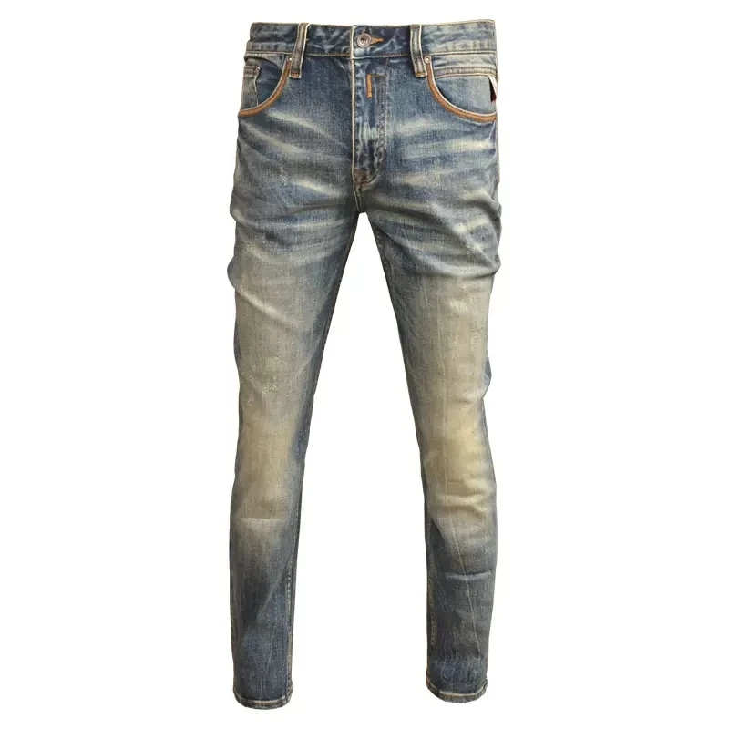 Fashion Designer Men Jeans Retro Blue Stretch Slim Ripped Jeans Men Vintage Trousers Italian Style Elastic Denim Pants Hombre