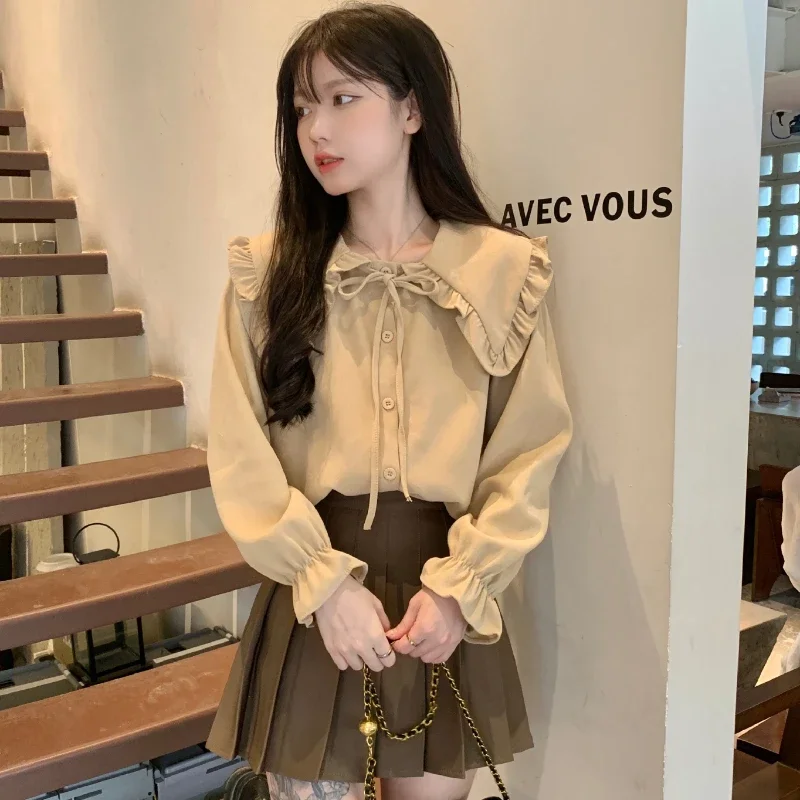 Peter Pan Collar Shirt Women Spring and Autumn Bow Lace-up Flare Sleeve Office Lady Blouse Fashion Versatile Daily Basics Tops
