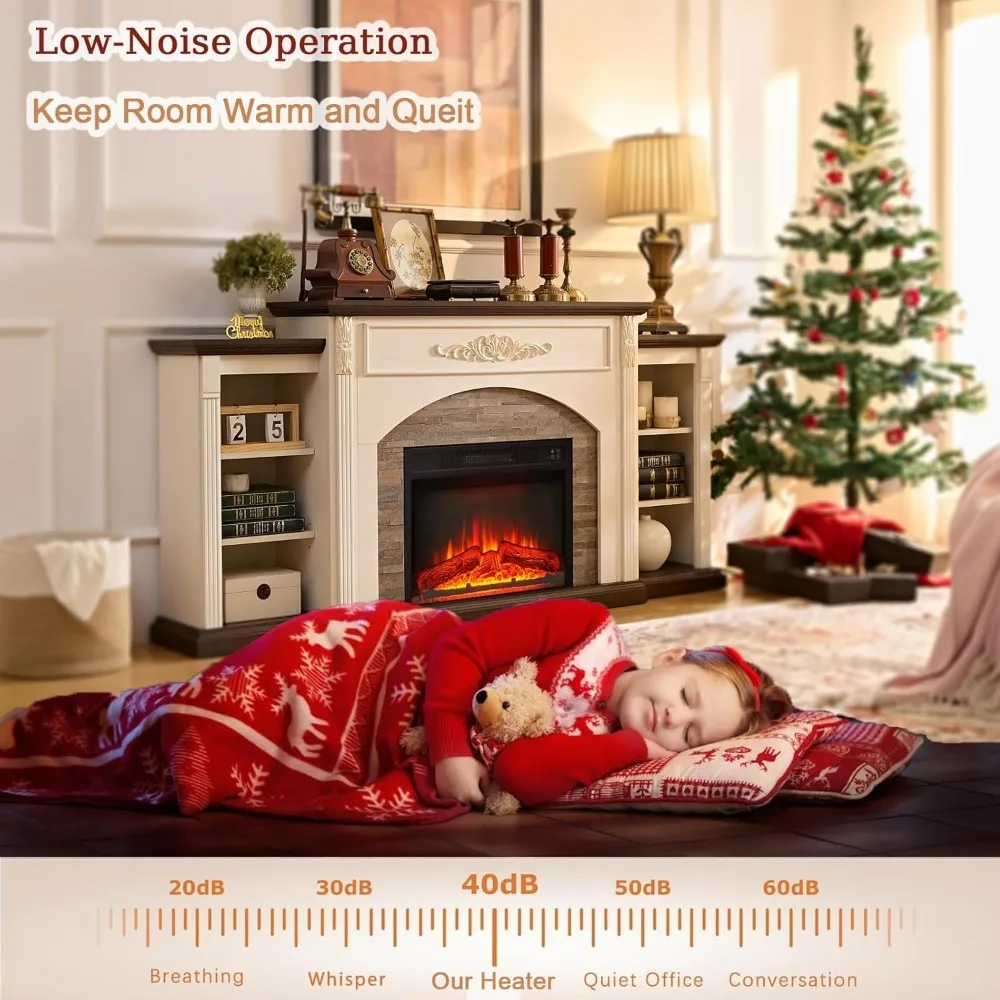 72"Electric Fireplace with Mantel,White TV Stand for TVs Up to 80 Inch with Storage,23'' Fireplace Insert Heater for Living Room 5