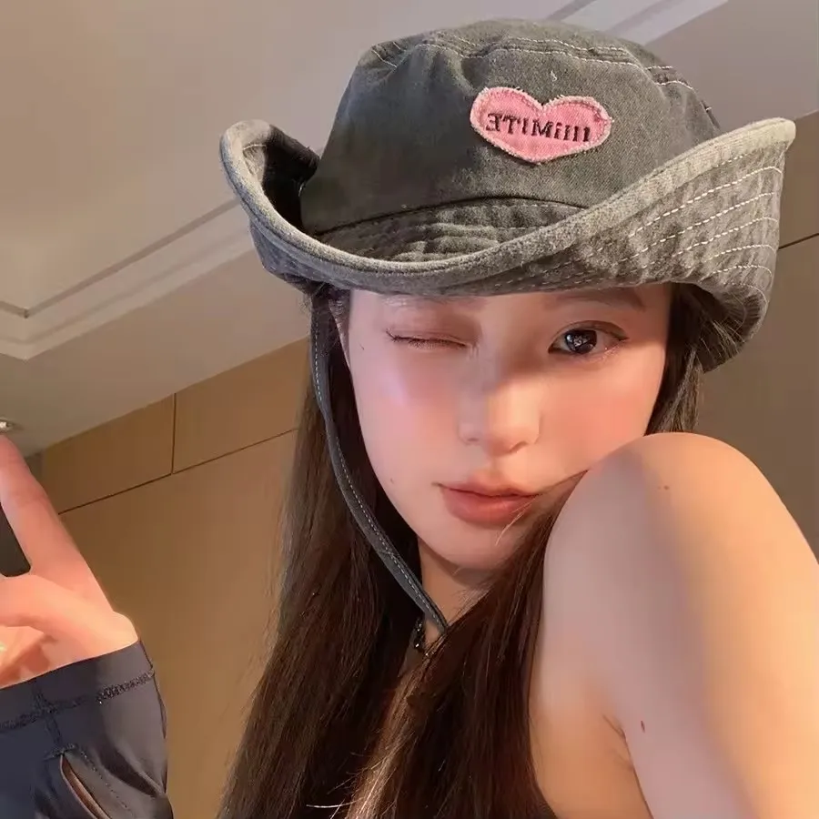 Japanese Retro Washed Cowboy Hats for Women Spring and Summer Outdoor Camping Sun Protection Sweet Pink Love Bucket Caps