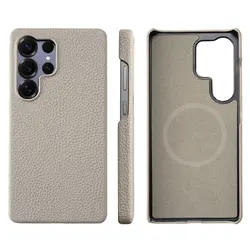 Luxury Natural Cowhide Lychee Leather Magnetic Phone Case with Magsafe - Galaxy S26+ (GRAY)