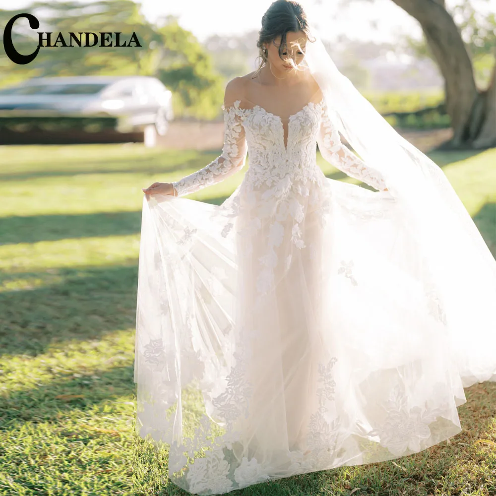 

CHANDELA Elegant Wedding Dresses Long Sleeves Scoop A-Line Appliques Bridal Gown Vestido De Casamento Customised For Women