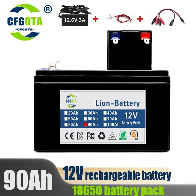 

NEW 12V Battery 90Ah Built-In High Current 30A BMS 18650 Lithium Battery Pack for Electric Vehicle Battery 12.6V Charger