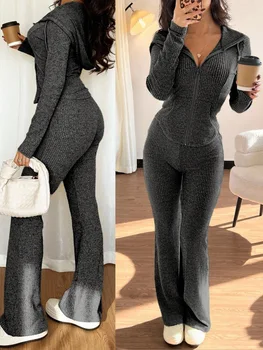 Women's Slim Fit Autumn Winter Casual Zipper Top Bottoms Comfortable Set Fashionable Knitted Long Sleeve Polyester Blend 1