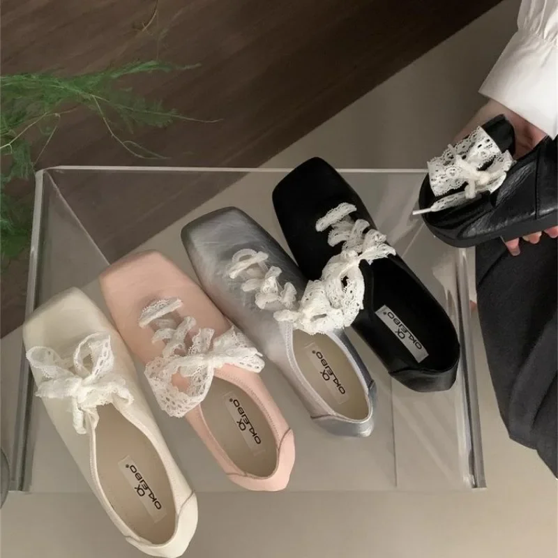 Women's Flat Shoes Lace Square Toe Soft Leather Surface Shoes for Women Dress Autumn Spring Sweet Cool New Zapatillas De Mujer 4