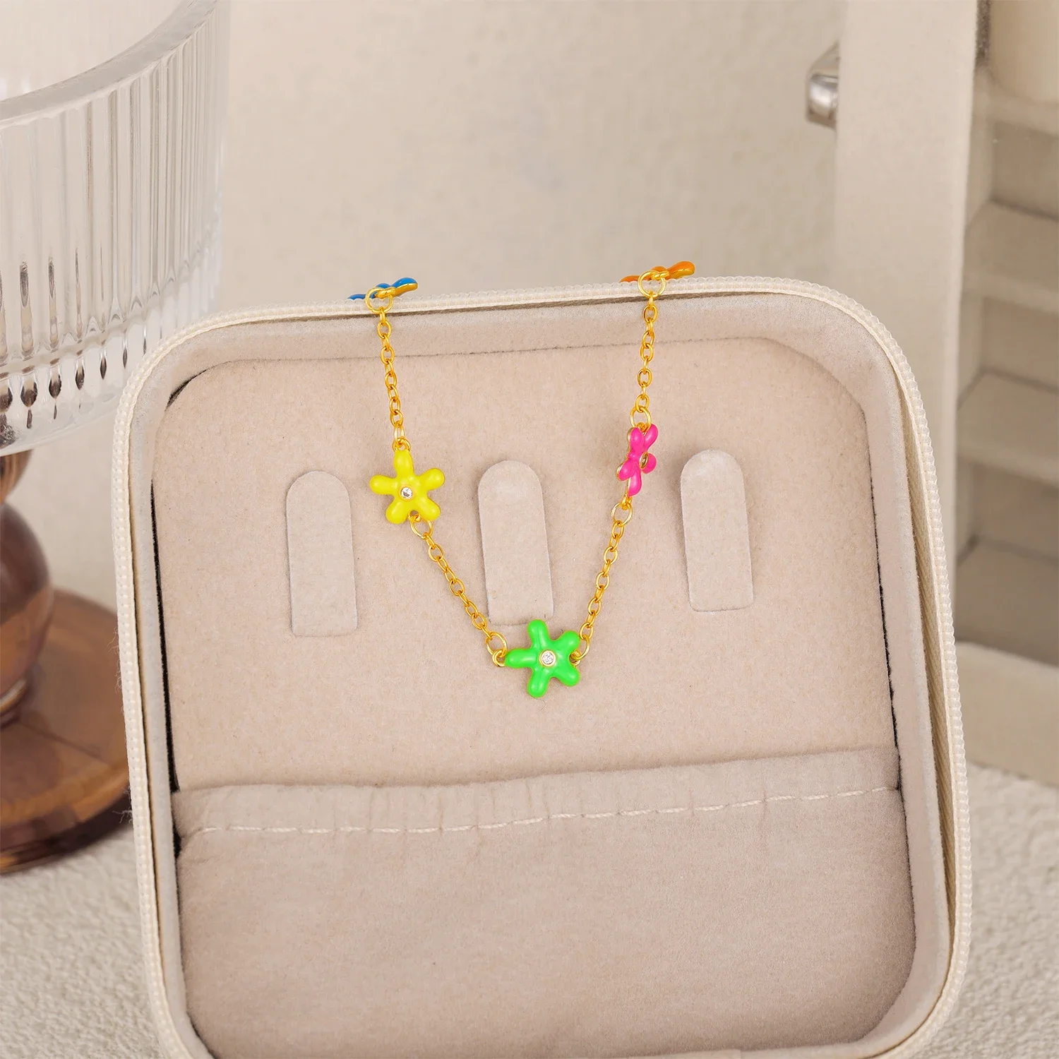 Multicolour Mini Wildeflower Daisy Bracelets Handmade Gold Color Anklet Chain Enamel Flower Adjust Bangle Bracelets Party Gift