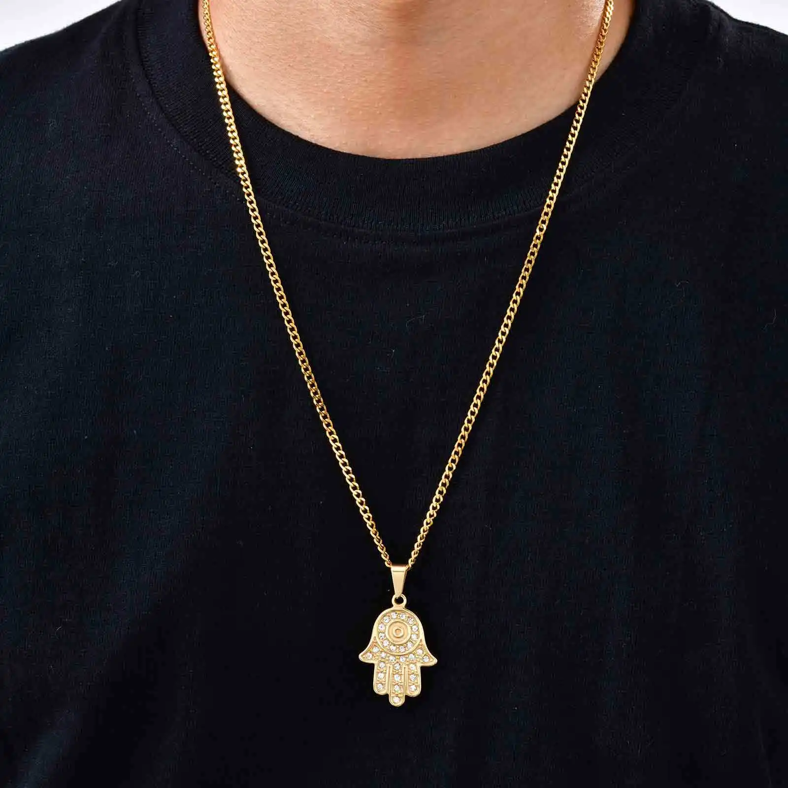 The Hand of Fatima Zircon Necklace for Men,Gold Color Evil Eye Stainless Steel Pendant,Turkish Jewelry Gift