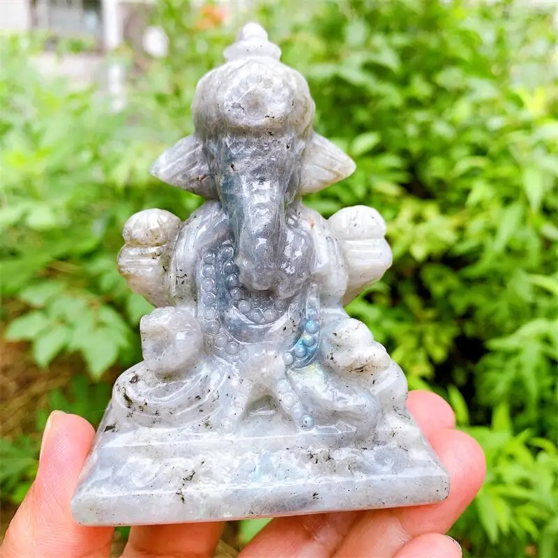 

10cm Natural Labradorite Ganesha Carved Crystals And Stones Healing Polished Mineral Ornaments Home Decoration 1pcs