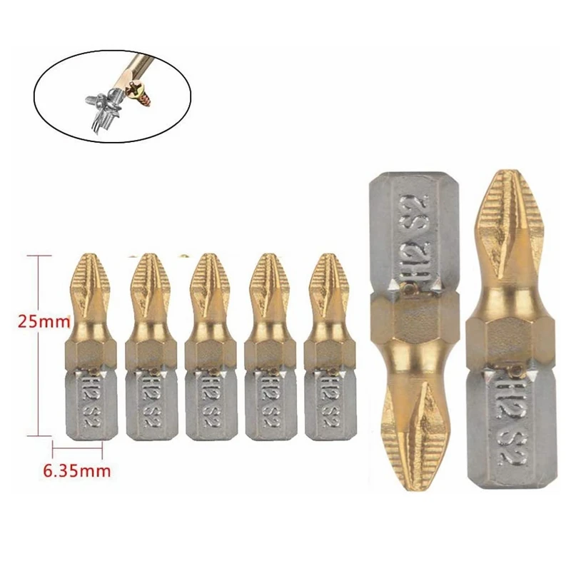 10pc 25mm PH2 자기 스크루 드라이버 비트 1/4 인치 생크 티타늄 코팅 스크루 드라이버 비트 미끄럼 방지 전기 드릴 비트 전동 공구