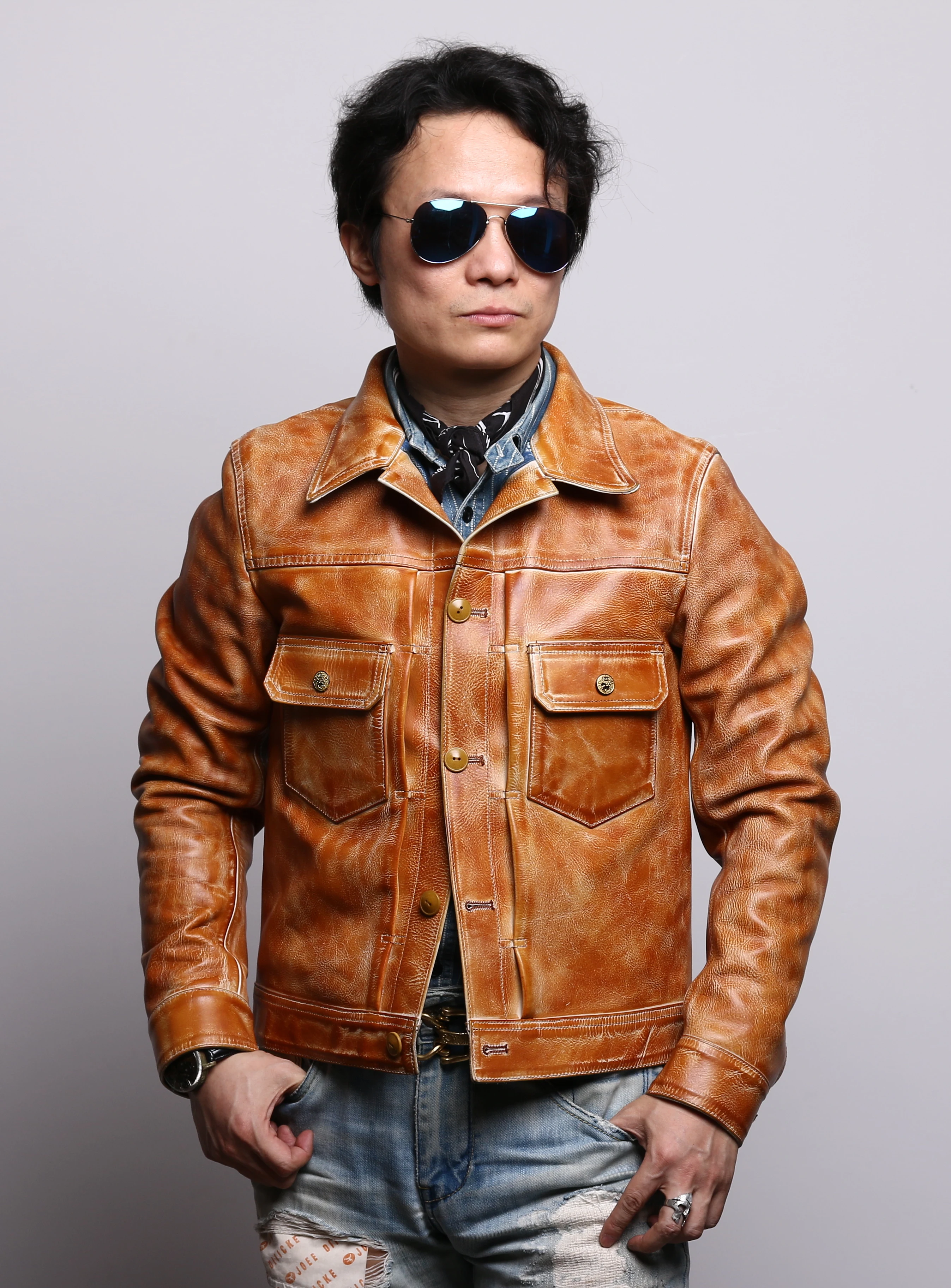 

CD507XX Cidu Asian Size Men's Slim Vintage Genuine Italy La Bretagna Cowhide Vegetable Tanned Leather Type2 Jacket
