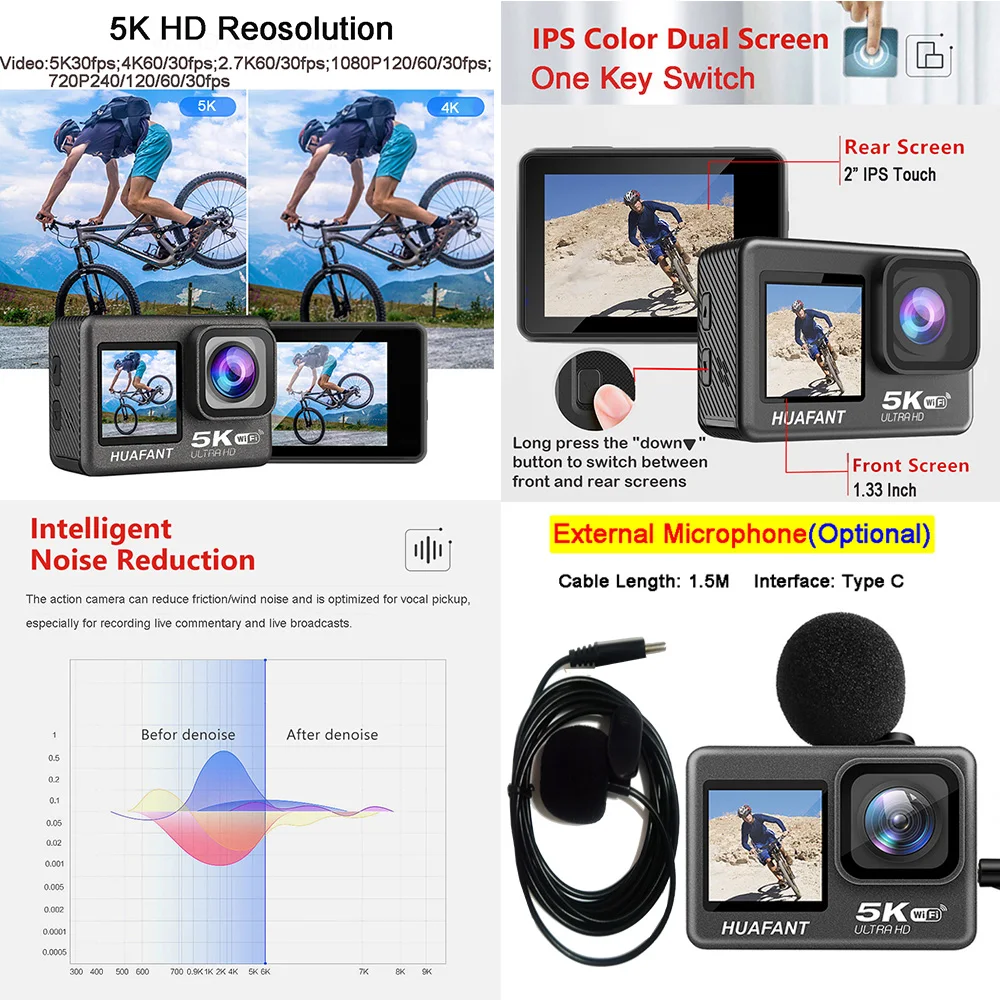 Action Camera G9SE 5K30FPS 4K60FPS 48MP 2.0 Touch LCD EIS Dual Screen Wi-Fi 170D DVR Webcam Waterproof 30M 5X Zoom Sports Camera 6