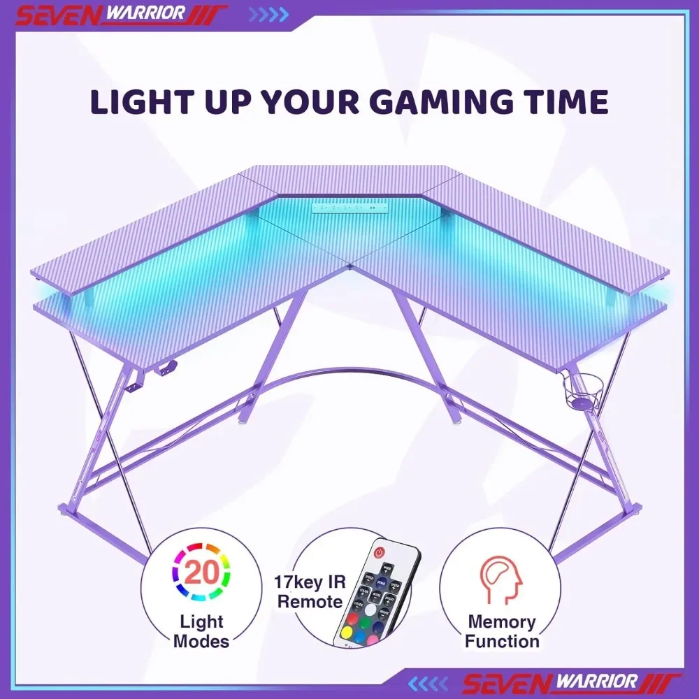 Gaming Desk 50.4” with LED Light & Power Outlets, L-Shaped Gaming Desk  with Monitor Stand, Ergonomic Gamer Table, Purple 3