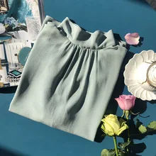 

New 2022 Natural Silk Full Sleeve Thin See Through Shirt Women Blouse Print High Quality Office Lady STAND Collar Blouse