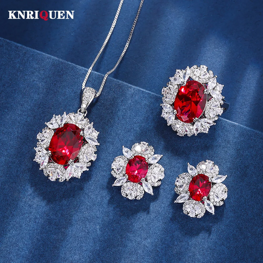 

Vintage 10*14mm Ruby Necklace Pendant Ring Earrings Cocktail Party Gemstone Lab Diamond Jewelry Set for Women Anniversary Gift