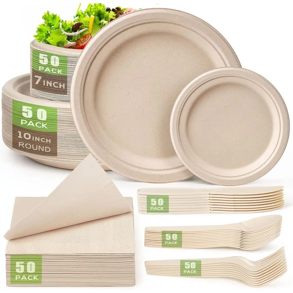Compostable Paper Plates Set 300 Pieces Disposable Plates 10-inch Eco ...