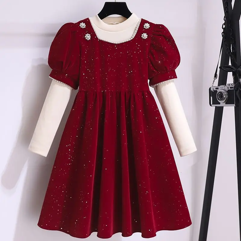 

Girls' Red Dress 2023 New Autumn Fashionable Girls' Princess Dress Dress Set
