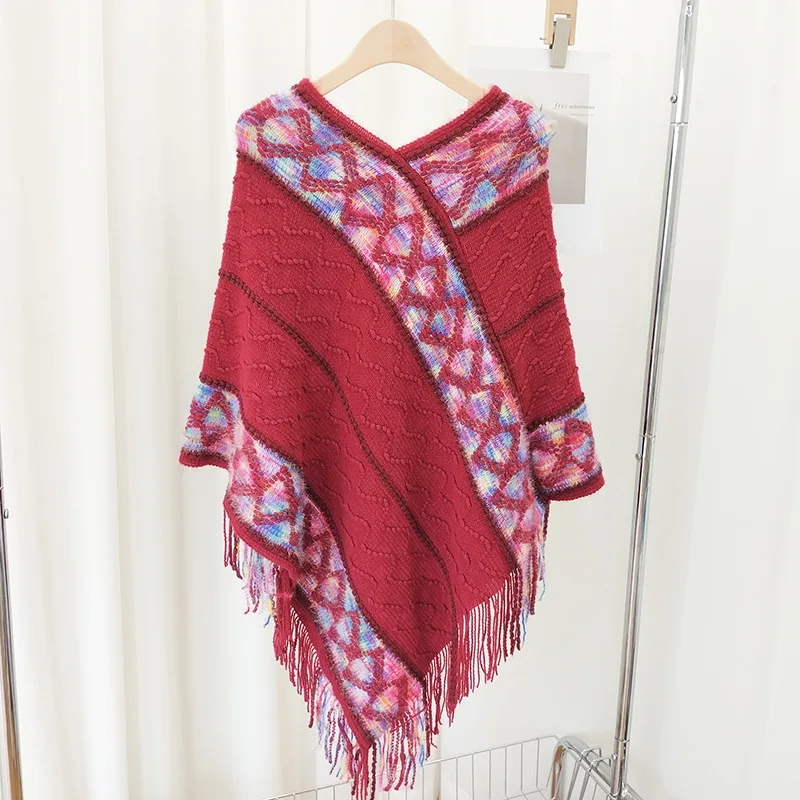 

Poncho Spring Autumn Pullover Cloak Ethnic Style Cape Outwear Tourism Holiday Photo Leisure Fashion Women Tassels Capes Red Coat