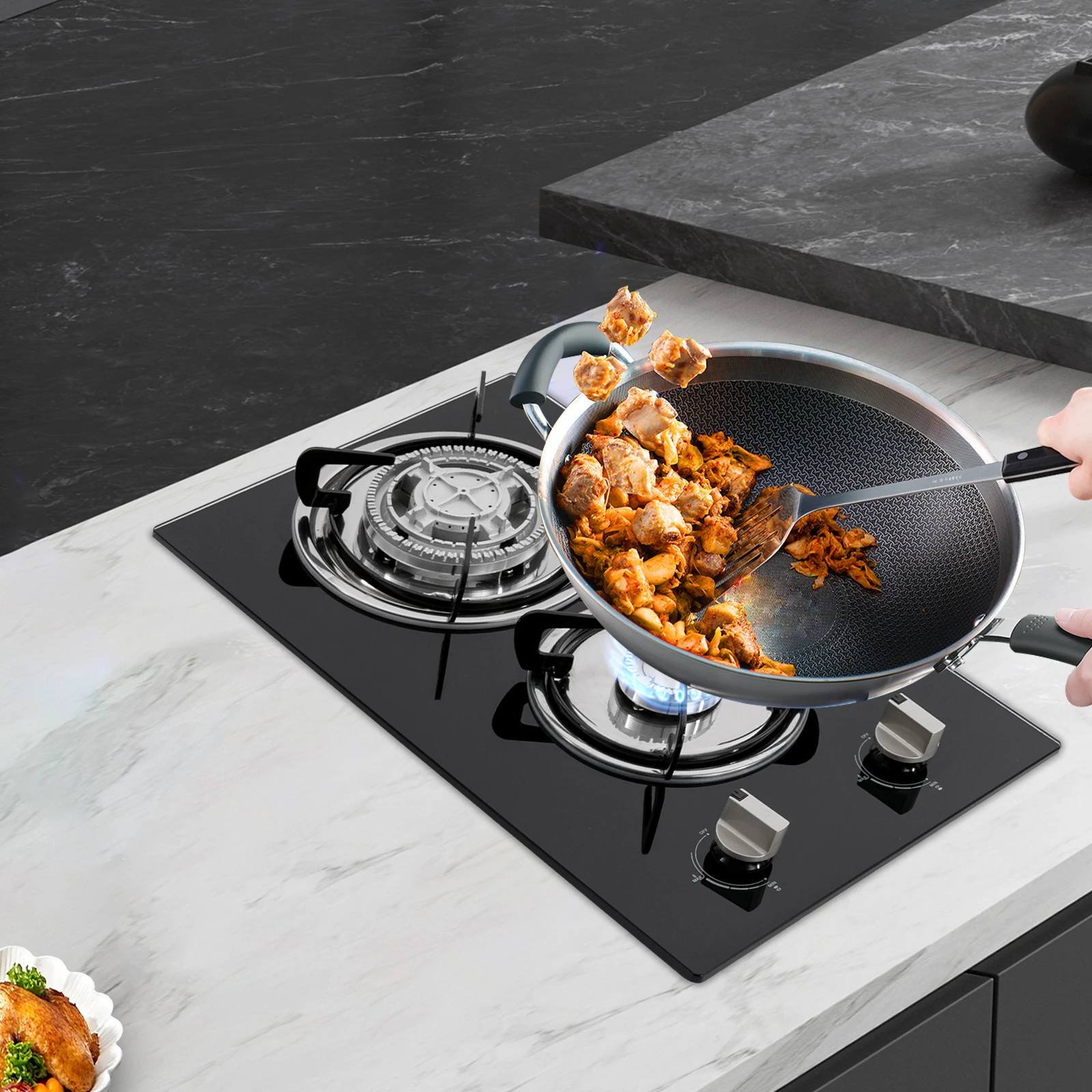 Modern Black 2/4 Burner Gas Cooktop with Toughened Glass Kitchen Countertop Stove Adjustable Firepower for Cooking