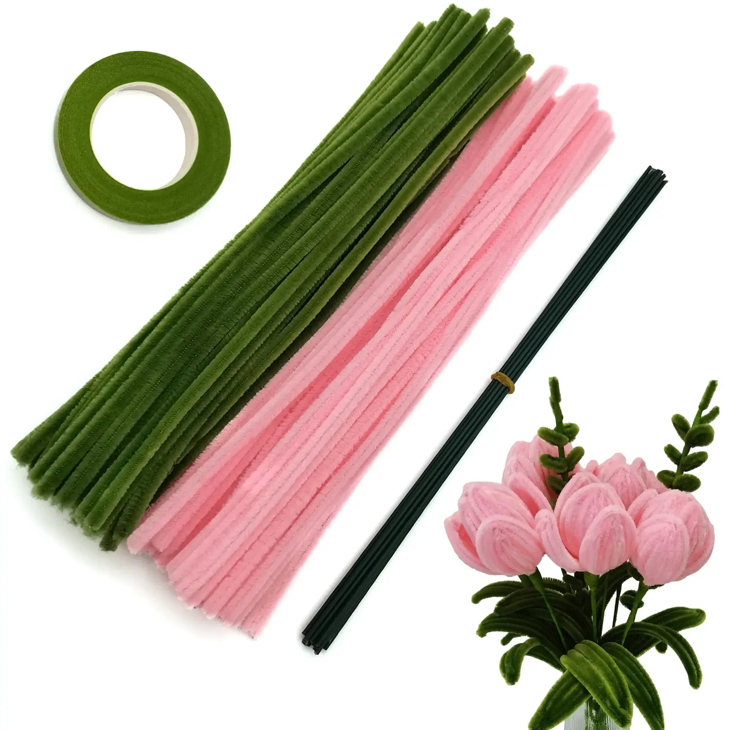 221 Pcs Craft Pipe Clearners Flower Set,Chenille Stem Pipecleaner Kit for Craft Tulip Bouquet Making,DIY Projects and Hol