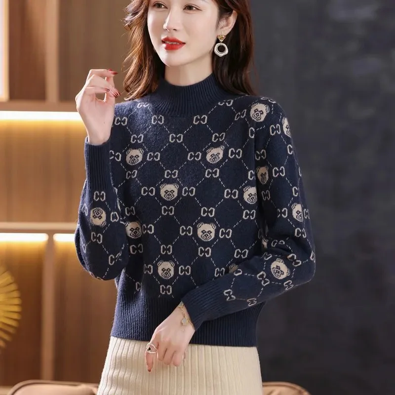 

Women Autumn Winter New Knitwear Loose Jacquard Casual Wool Knitted Sweaters Office Lady Fashion Simple Turtleneck Pullover Tops