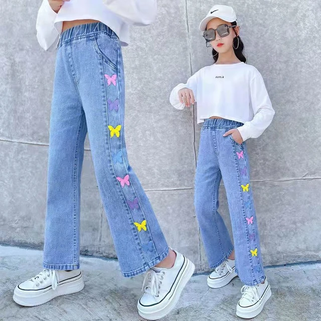 Primavera Meninas Denim Calças Soltas Adolescentes Escolares Calças Retas  Casual All-match Conforto Azul Jeans para