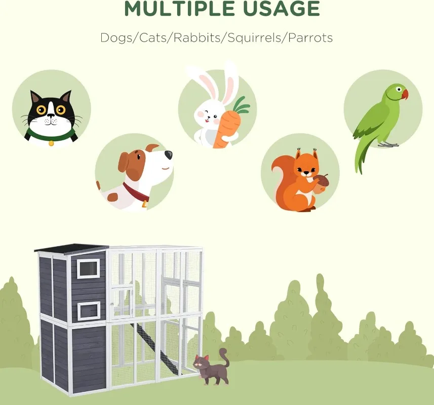 Outdoor Catio Cat House Wooden Feral Cat Shelter Cage with Platforms Waterproof Asphalt Roof Ramps 77" L Light Gray