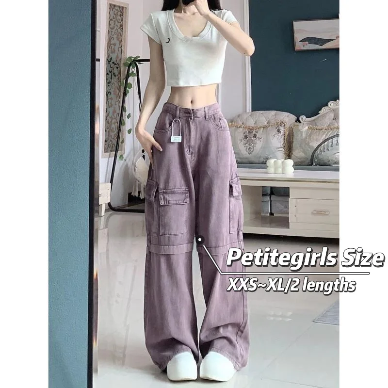 150Cm Petite Girls American Retro Purple Salopette Jeans Donna Vita Alta Dritta Gamba Larga Xs Appare Alta A Nove Punti Estate