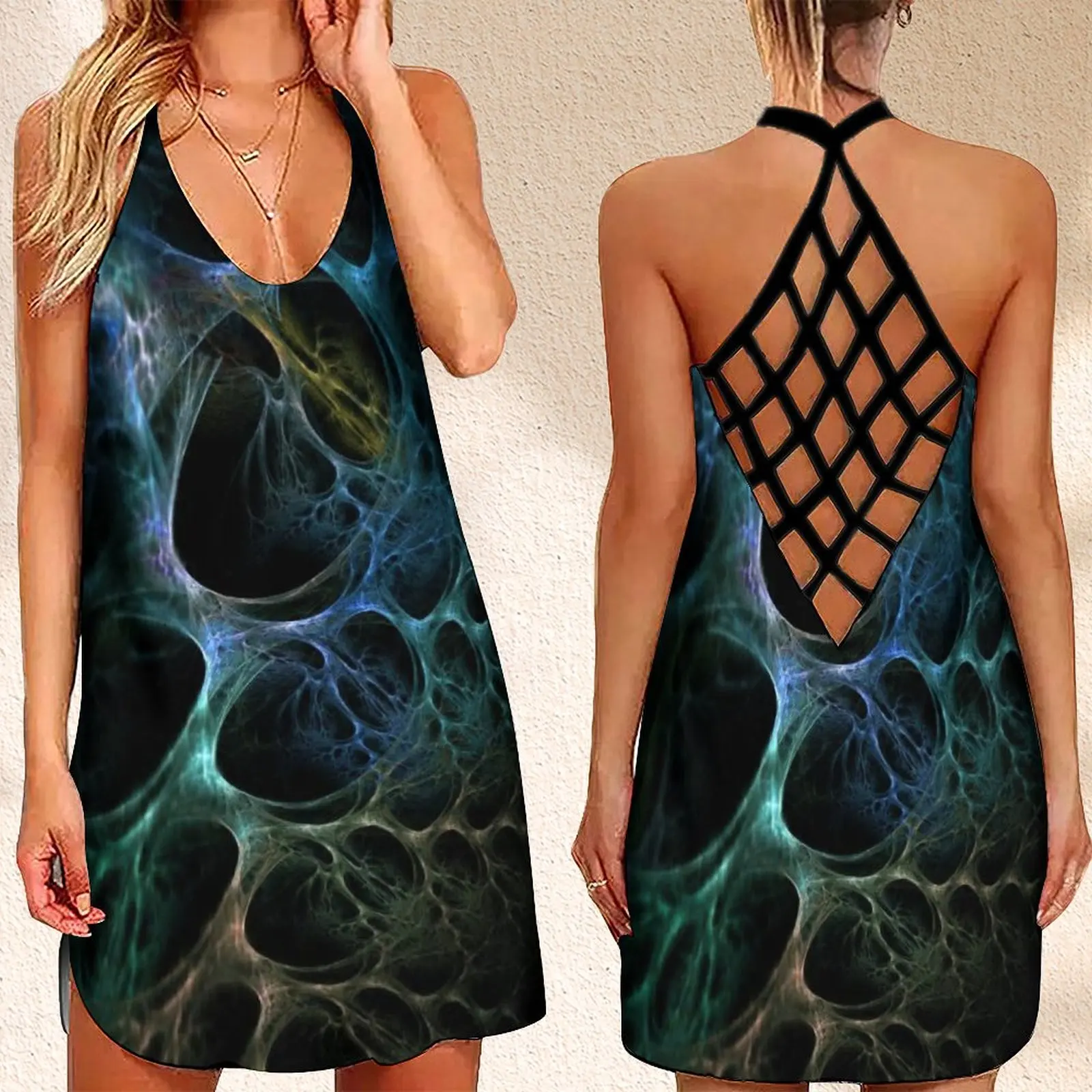 

New Women's Criss Cross Backless Sleeveless Dress SummerSmoke Colorful Print Dress For Girls