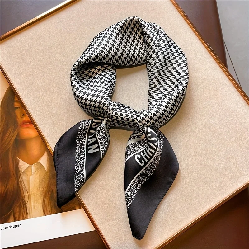 1pcs 70cm Houndstooth Printed Square Scarf for Women Imitation Silk CHRISTIAN Letters Fashionable and Versatile Headscarf Scarf 2