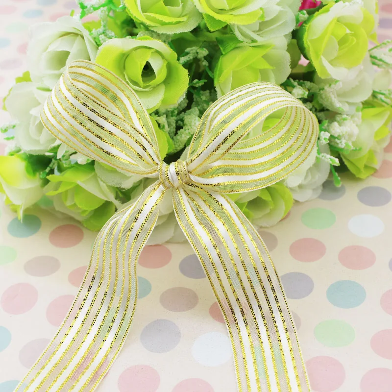 15mm Gold White Stripe Double Face Organza Gift Packaging Ribbon High Quality Wedding Shiny Ribbons Handmade DIY Ribbon Crafts