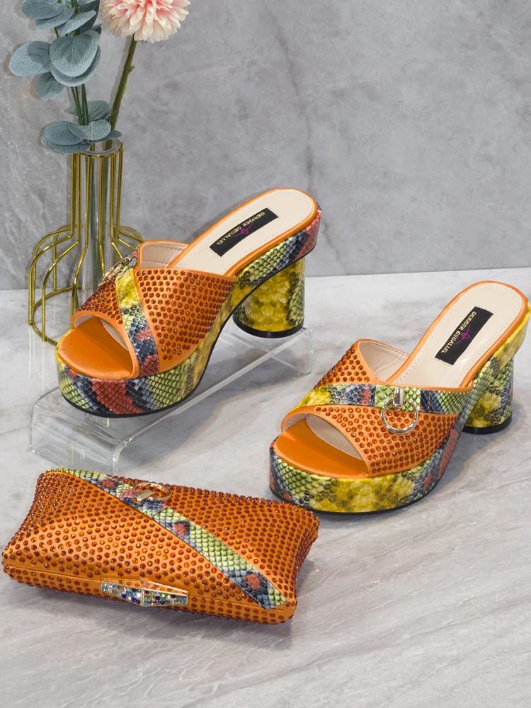 Brand Designer Shoe and Bag Matching Set Snake Print Glitter Sandals Shoe Purse Wed Party High Heels Bag platform high heels sandals platform sandals women high heels