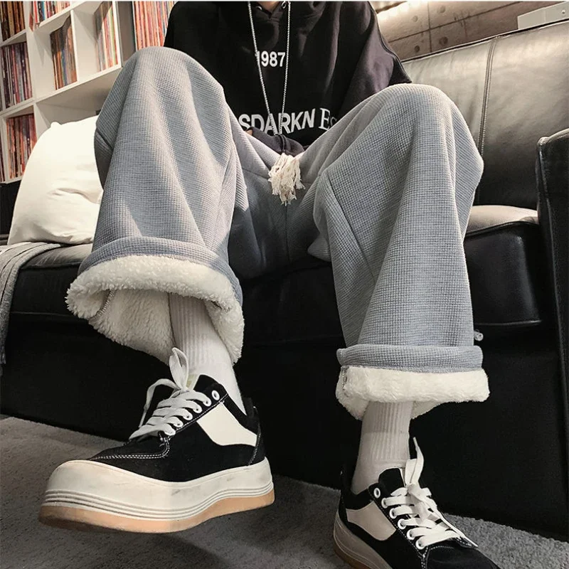 Autumn and Winter Men's Casual Pants Solid Color Jogger Pants Elastic Waist Straight Trousers Fleece Sweatpants