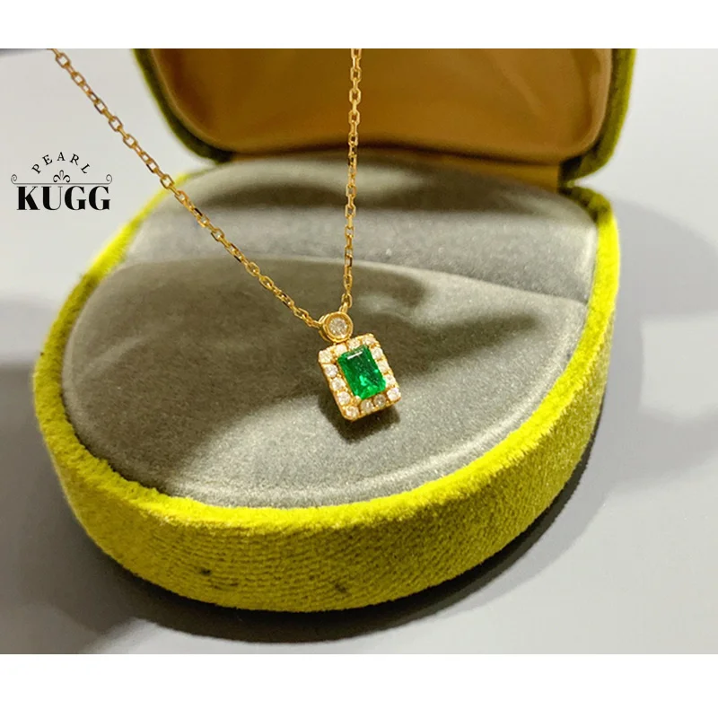 

KUGG 18K Yellow Gold Necklace Fashion Square Design INS Style Real Diamond Natural Emerald Necklace for Women High Jewelry Gift