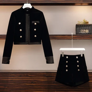 여성용 골드 벨벳 사무실 빈티지 블랙 정장 재킷 코트 탑과 짧은 바지 투피스 세트, 우아한 의상, 가을 여성 의상