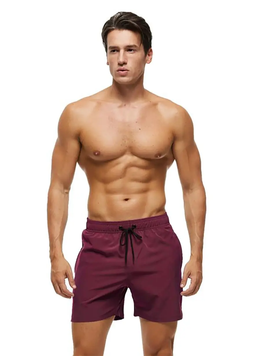 Men’s solid color quick-dry swim shorts with pocket and mesh liner for gym or beach red