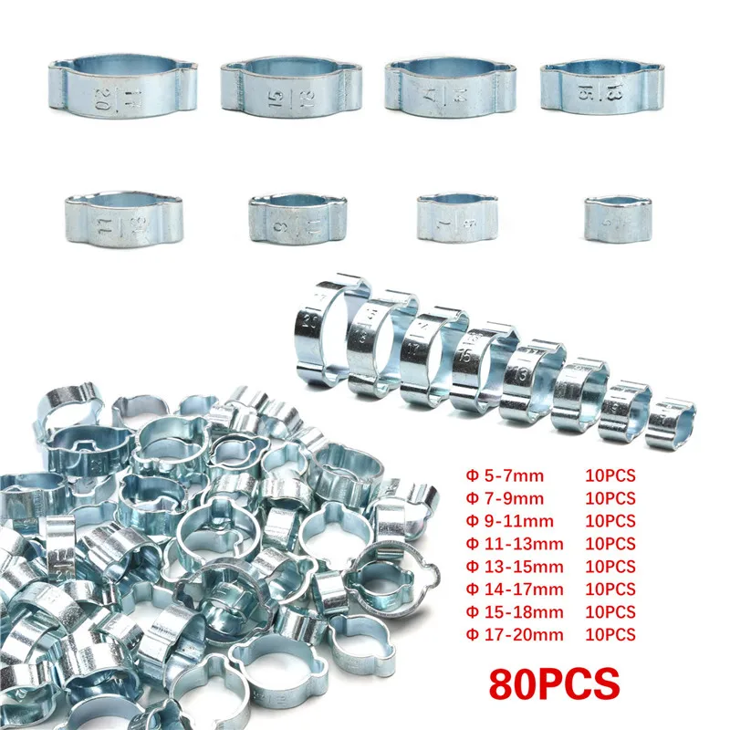 

80Pcs Hose Clamp Double Ears Clamp Worm Drive Fuel Water Hose Pipe Clamps Clips Hose Fuel Clamps 5-20mm Kit