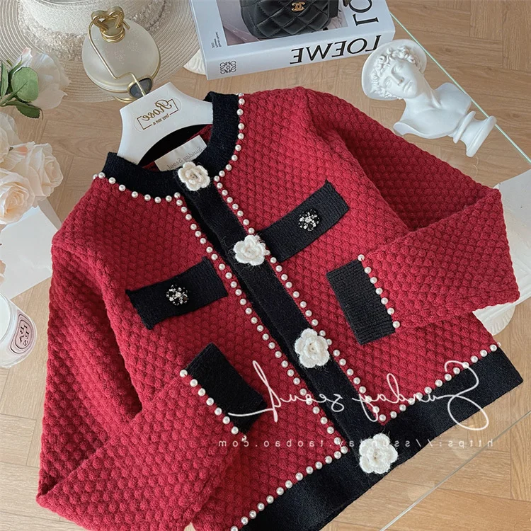 Woman Cardigan Classic Fragrant Mountain Camellia Elegant Luxury Sweater Cardigan 2022 New Flower Pearl Buttons Knitted Jacket 6