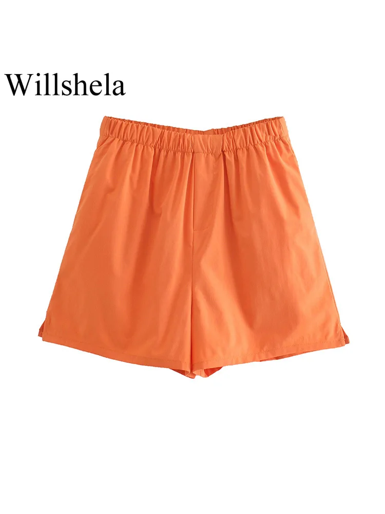 

Willshela Women Fashion Cotton Orange Solid Mini Shorts Vintage High Elastic Waist Female Chic Lady Shorts