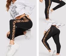 

Summer Black Lady Leggings with Leopard Stripe Trim Yoga Pants Women High Waist Leggings Fitness Clothes High Stretch Legging