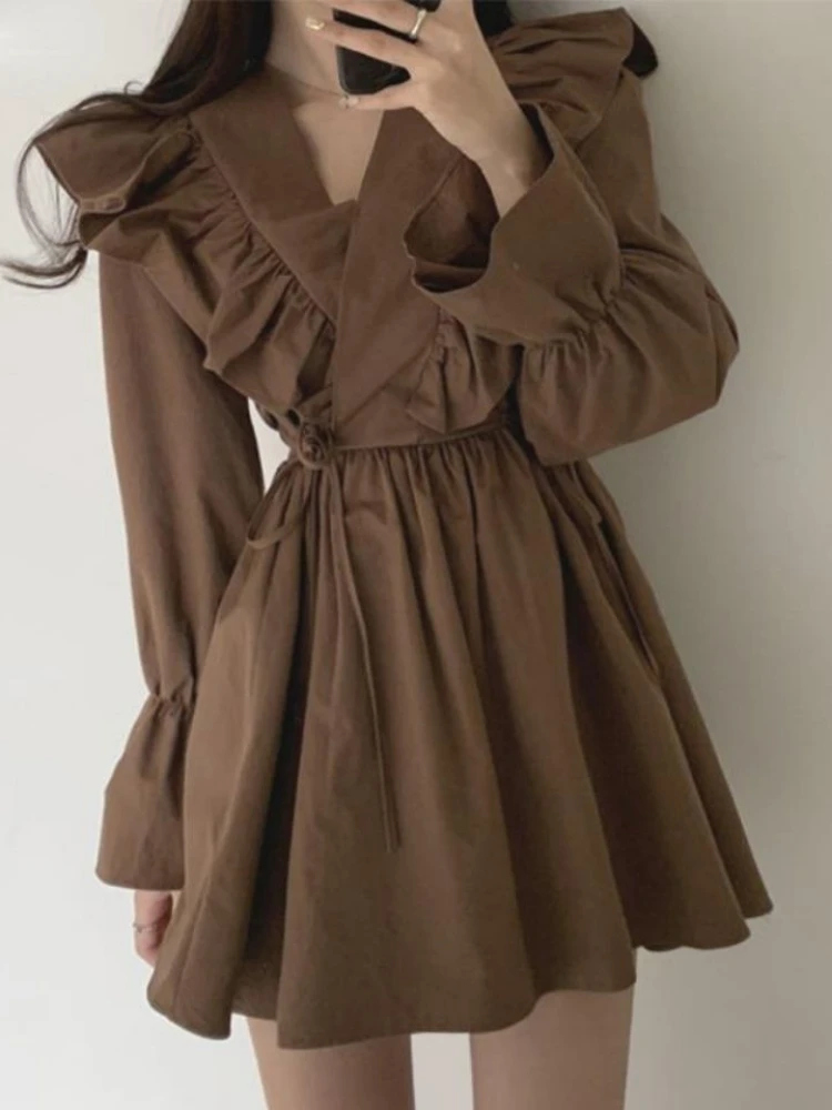 

Women Ruffles Dresses Sweet V-neck Lantern Sleeve Lace-up Mini Womens Vestidos Vintage Slim Elegant Streetwear Versatile