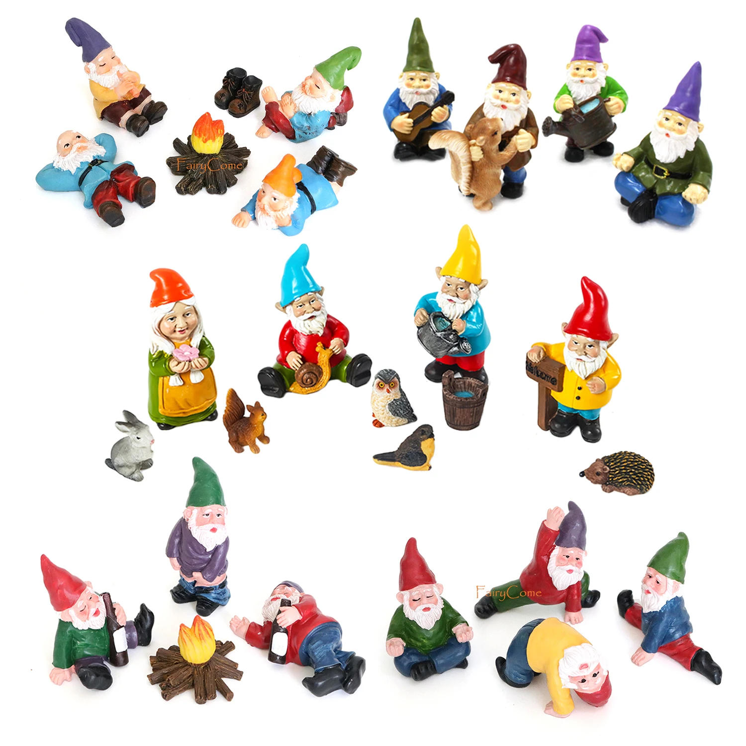 HIYZI 64 Pcs Gnome Accessories Kit - Fairy Garden Miniature Figurines, Animals, Dwarf Resin Decor For DIY Outdoor Micro Landscape, Dollhouse