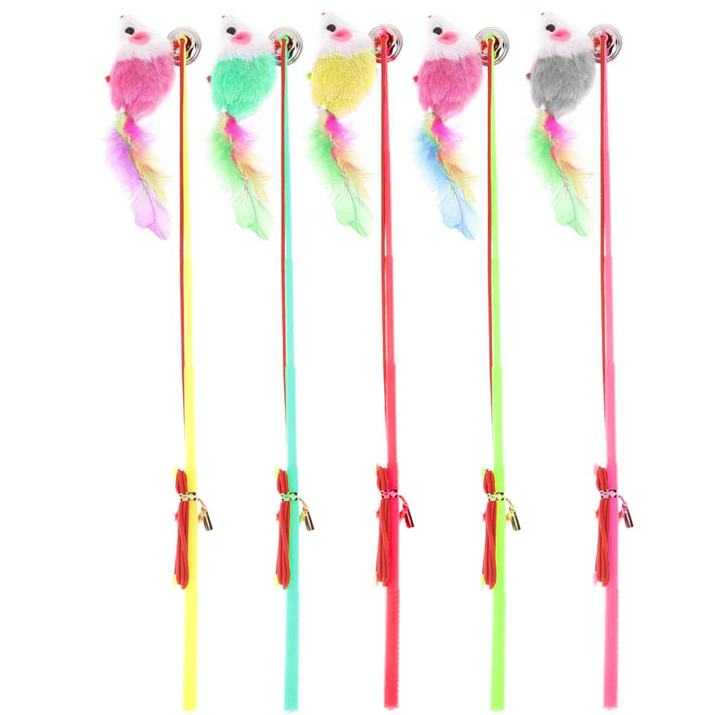 5pcs Pet Cat Toys Interactive Dangle Faux Mouse Rod Bell Toy Colorful Feather Wand Teaser Rod for Cats Supplies Pet Products5 Pcs Random color 3 cat chew toys