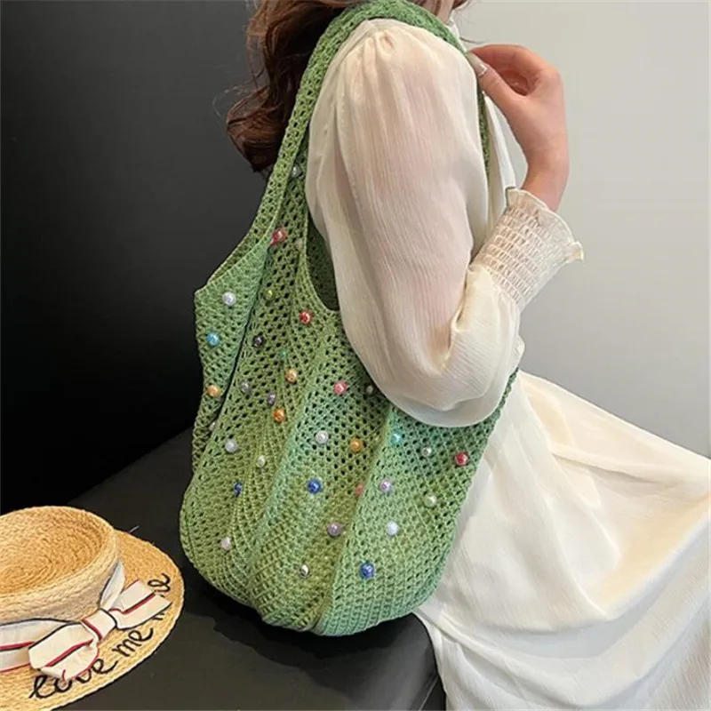 Summer Commuting Woven Bag for Women Single Armpit Bag, Fashion Large Capacity Tote Bag, Beach Pearl Hollow Handbag Shoulder Bag